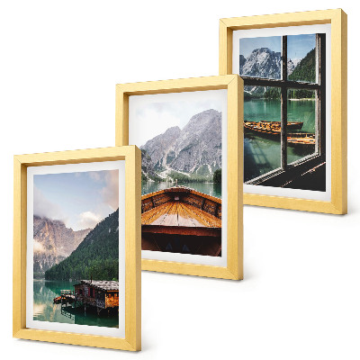 Framed triptych Mountain lake with a boat and wooden houses