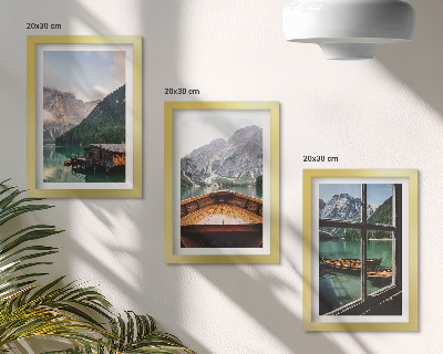 Framed triptych Mountain lake with a boat and wooden houses