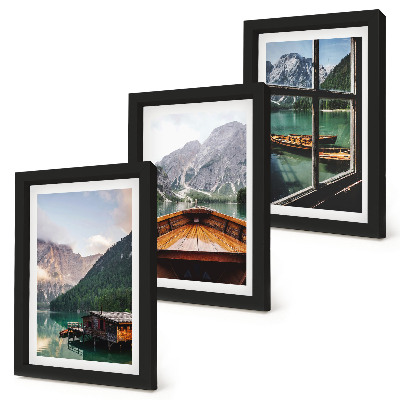 Framed triptych Mountain lake with a boat and wooden houses