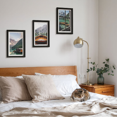 Framed triptych Mountain lake with a boat and wooden houses