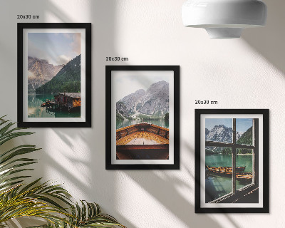 Framed triptych Mountain lake with a boat and wooden houses
