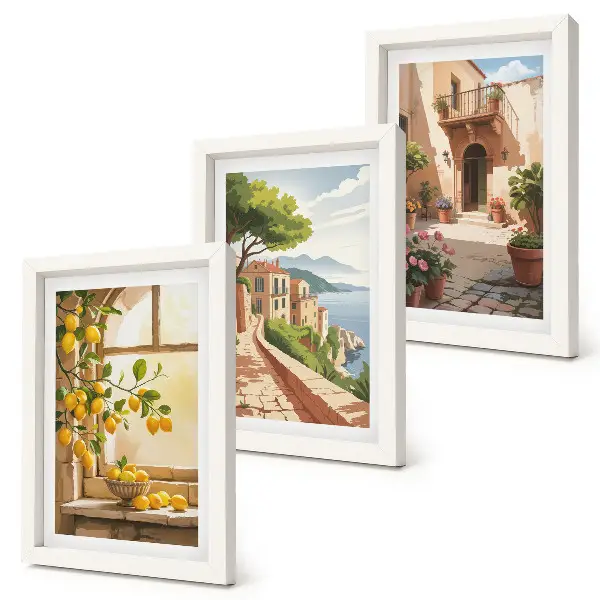 3-piece wall art set citrus fruits in the kitchen overlooking a seaside town