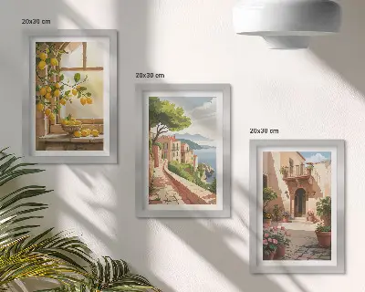 3-piece wall art set citrus fruits in the kitchen overlooking a seaside town