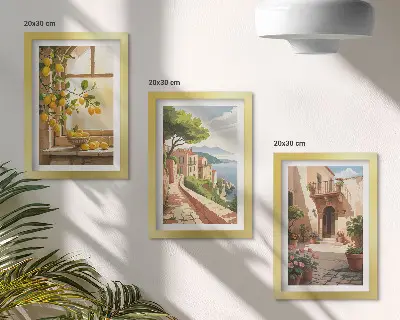 3-piece wall art set citrus fruits in the kitchen overlooking a seaside town