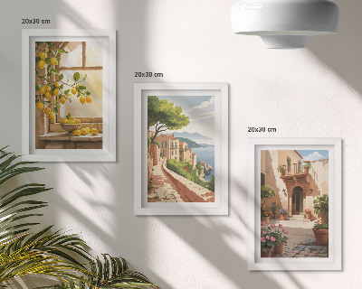 3-piece wall art set Citrus fruits in the kitchen with a view of the sea and the charming town