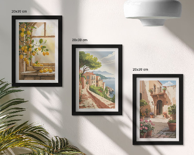3-piece wall art set Citrus fruits in the kitchen with a view of the sea and the charming town