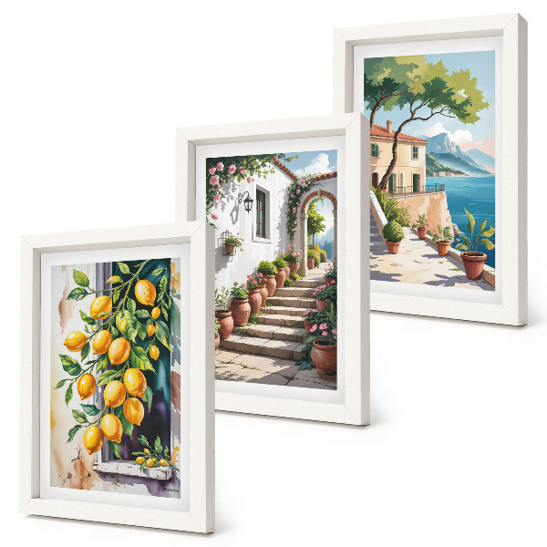Framed triptych Lemons against a background of flowers and seaside views