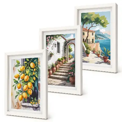 Lemons with flowers and seaside views triptych framed