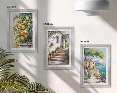 Lemons with flowers and seaside views triptych framed