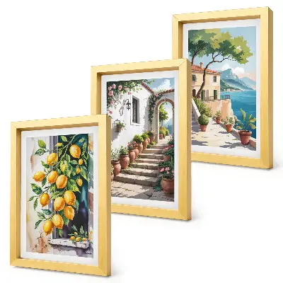 Lemons with flowers and seaside views triptych framed
