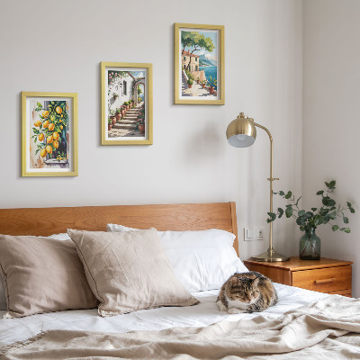 Framed triptych Lemons against a background of flowers and seaside views