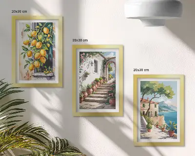 Lemons with flowers and seaside views triptych framed