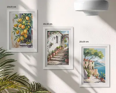 Lemons with flowers and seaside views triptych framed