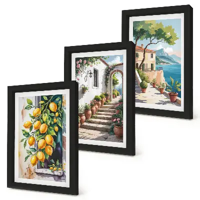 Lemons with flowers and seaside views triptych framed