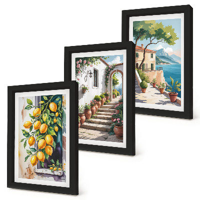 Framed triptych Lemons against a background of flowers and seaside views