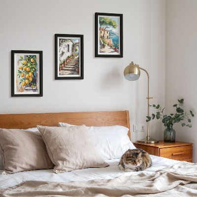Framed triptych Lemons against a background of flowers and seaside views