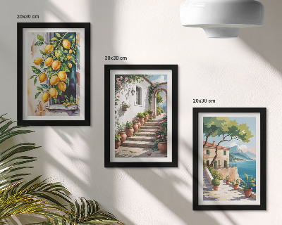 Framed triptych Lemons against a background of flowers and seaside views