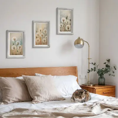 Photo frame wall dandelion flowers on a pastel colored background