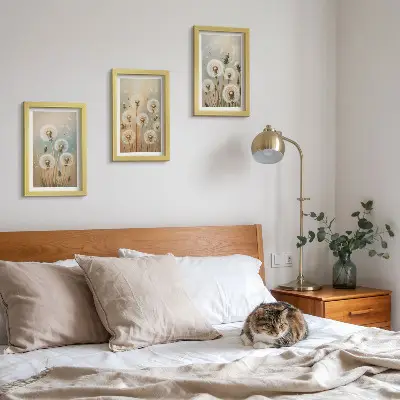 Photo frame wall dandelion flowers on a pastel colored background