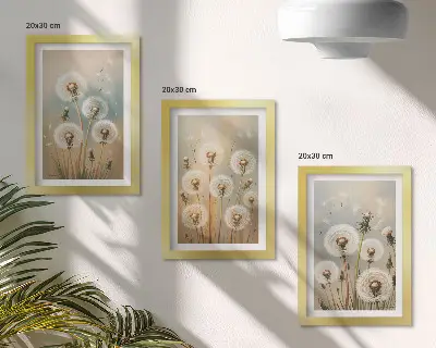 Photo frame wall dandelion flowers on a pastel colored background