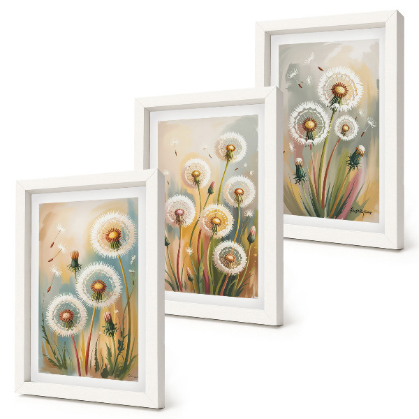 Framed triptych Dandelion flowers against a background of pastel grasses