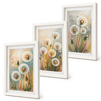Framed triptych Dandelion flowers against a background of pastel grasses