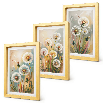 Framed triptych Dandelion flowers against a background of pastel grasses