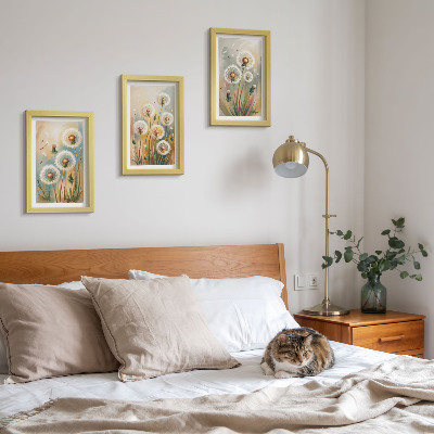 Framed triptych Dandelion flowers against a background of pastel grasses