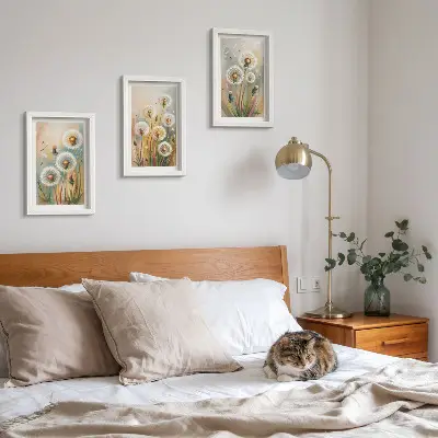 Framed triptych Dandelion flowers against a background of pastel grasses