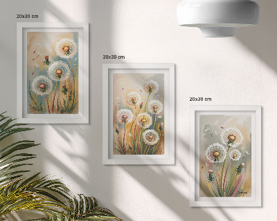 Framed triptych Dandelion flowers against a background of pastel grasses