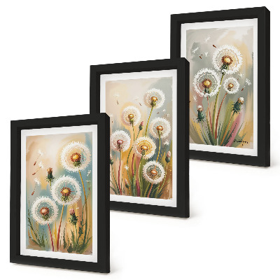 Framed triptych Dandelion flowers against a background of pastel grasses