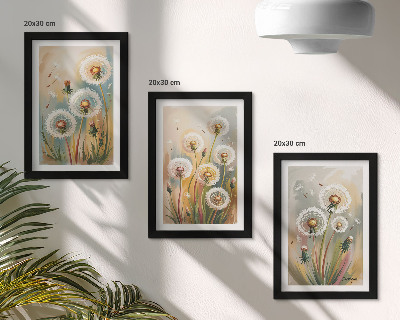 Framed triptych Dandelion flowers against a background of pastel grasses