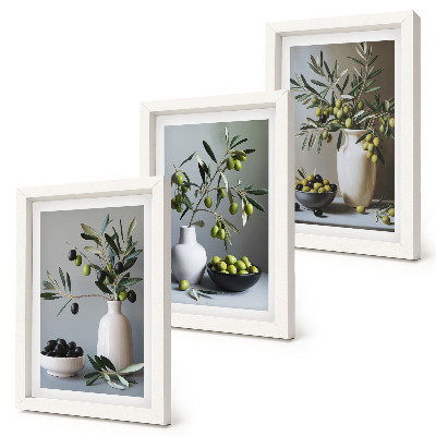 3-piece wall art set Olives in vases against a background of muted colors