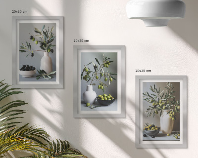 3-piece wall art set Olives in vases against a background of muted colors
