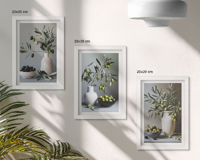 3-piece wall art set Olives in vases against a background of muted colors