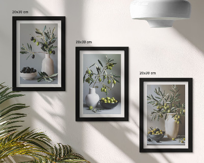 3-piece wall art set Olives in vases against a background of muted colors