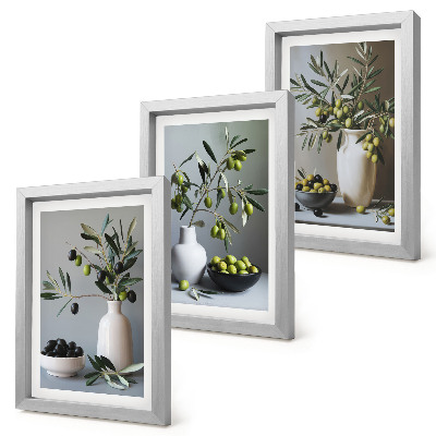 3-piece wall art set Olives in vases against a background of muted colors