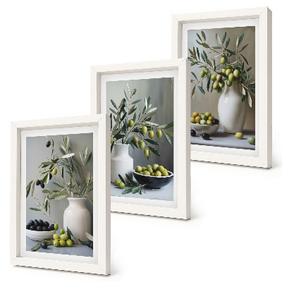 Photo frame wall Olives in vases with branches on a gray background
