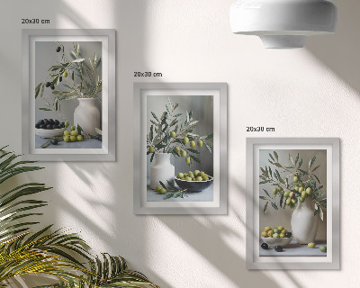 Photo frame wall Olives in vases with branches on a gray background