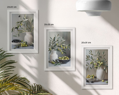 Photo frame wall Olives in vases with branches on a gray background