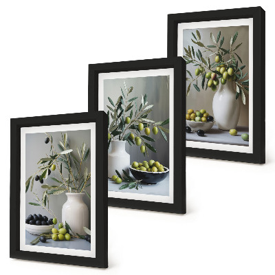 Photo frame wall Olives in vases with branches on a gray background