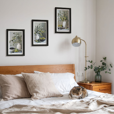 Photo frame wall Olives in vases with branches on a gray background