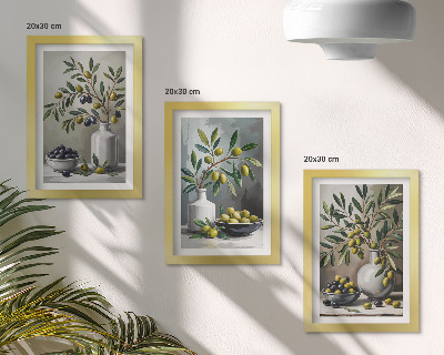 Framed triptych Olives in ceramic dishes on a gray background