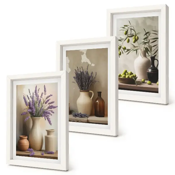 3-piece wall art set featuring flowers in vases, olives, and natural decorations