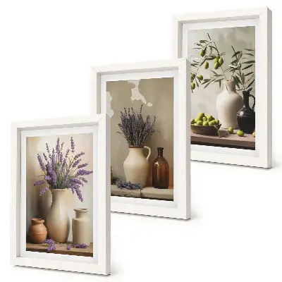 3-piece wall art set featuring flowers in vases, olives, and natural decorations