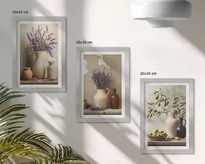 3-piece wall art set featuring flowers in vases, olives, and natural decorations