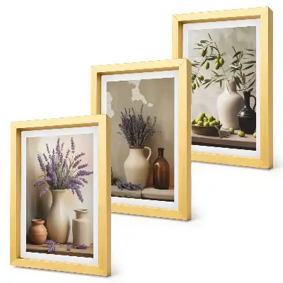 3-piece wall art set featuring flowers in vases, olives, and natural decorations