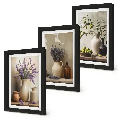 3-piece wall art set featuring flowers in vases, olives, and natural decorations