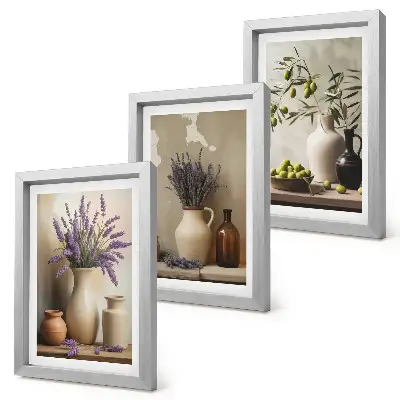 3-piece wall art set featuring flowers in vases, olives, and natural decorations
