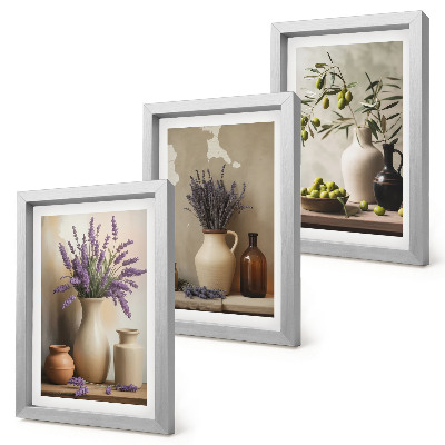 3-piece wall art set Flowers in vases, olives and natural decorations